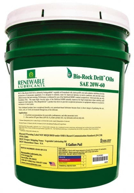 Renewable Lubricants 83034 5 Gal Pail, ISO 150, SAE 20W-60, Rock Drill Oil