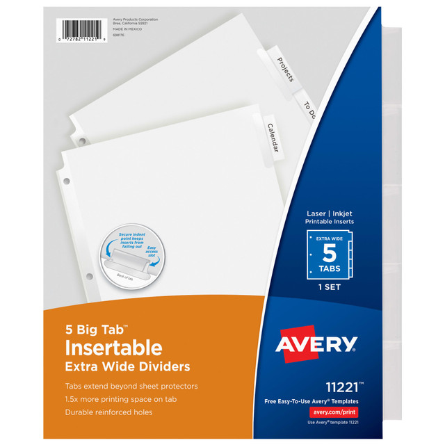AVERY PRODUCTS CORPORATION 11221 Avery Big Tab Extra-Wide Insertable Dividers, Clear Reinforced, White/Clear, 5-Tab AVERY PRODUCTS CORPORATION 11221 Avery Big Tab Extra-Wide Insertable Dividers, Clear Reinforced, White/Clear, 5-Tab