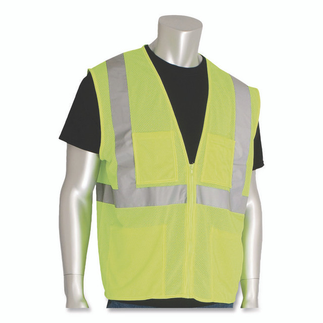 PROTECTIVE INDUSTRIAL PRODUCTS INC PIP 302MVGZ4PLYL ANSI Class 2 Four Pocket Zipper Safety Vest, Polyester Mesh, Large, Hi-Viz Lime Yellow
