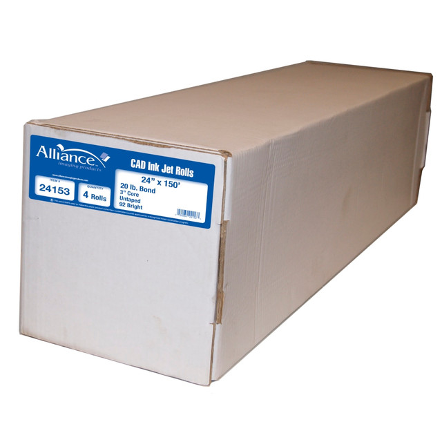 TST/IMPRESO INC 24153 Alliance CAD Bond Paper, 3in Core, 24in x 150ft, 92 Brightness, 20 Lb, White, Pack Of 4 Rolls