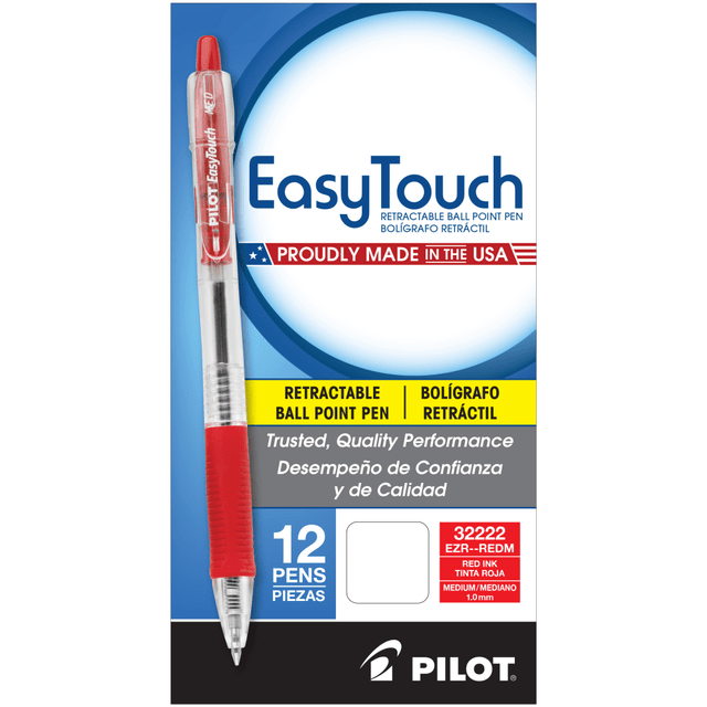 Neat, legible notes can help you remember critical details after a long meeting or conference call. These EasyTouch pens have an expansive grip that helps keep your hands comfortable as you write.  A simple click retracts the tip into the barrel. Great for preventing accidental marks and to prolong the life of your ink.  Form-fitting latex-free grip for comfort. The large, cushiony grip on these Pilot pens is easy on your fingers and lets you write with more comfort and control.  Refillable for continued use.  Med-point pens with red ink can be used to grade papers, make corrections and other tasks.  Refillable - designed to be used repeatedly, helping you avoid single-use disposables and potentially save money.