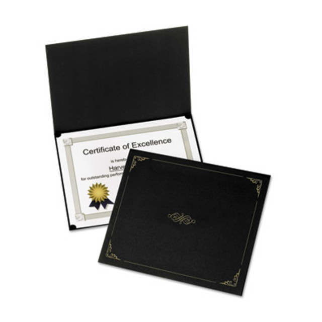 Certificate holders feature linen-finish texture on heavy stock with gold accents.  Use for vertical or horizontal certificates.  Unique, reinforced slots securely hold corners of 11in x 8-1/2in certificates.  Holders are made of acid-free material.