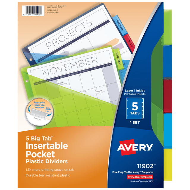 AVERY PRODUCTS CORPORATION 11902 Avery Big Tab Insertable Plastic Dividers, Single Pocket, Multicolor, 5-Tab