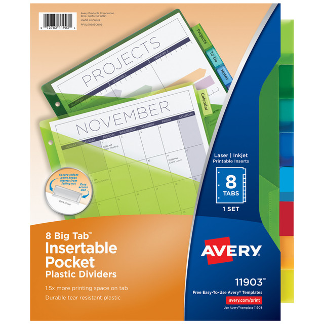 Easily organize school subject binders, recipe binders, office binders and more with Avery plastic page dividers for 3 ring binders. This pack includes 1 set of insertable dividers in a range of different colors for easy color coding at a glance. 1 pocket is attached to every divider for extra storage for loose sheets.  Stay organized with Avery multicolored 3 ring binder dividers with tabs and pockets; includes 1 pocket per divider for loose sheets  Built to last with durable plastic, each insertable plastic divider is designed to withstand everyday wear & tear and wipes clean with most non-abrasive household cleaners  Display 50% more information with the wider Big Tab insertable tab design than with standard insertable divider tabs  Each 3-ring binder divider tab features an easy access slot as well as a secure indent point to lock inserts in place  Easily create custom recipe dividers, photo album dividers and subject dividers for 3 ring binders with free templates and software by visiting the Avery site