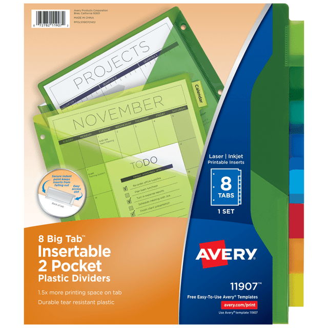 AVERY PRODUCTS CORPORATION Avery 11907  Big Tab Insertable Plastic Dividers, Double Pocket, Multicolor, 8-Tab