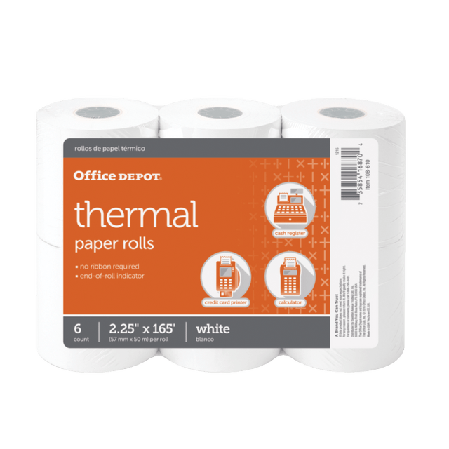 OFFICE DEPOT 108610  Brand Thermal Paper Rolls, 2-1/4in x 165ft, White, Pack Of 6