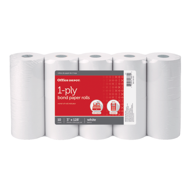 OFFICE DEPOT 109023 Brand 1-Ply Bond Paper Rolls, 3in x 128ft, White, Pack Of 10 OFFICE DEPOT 109023 Brand 1-Ply Bond Paper Rolls, 3in x 128ft, White, Pack Of 10