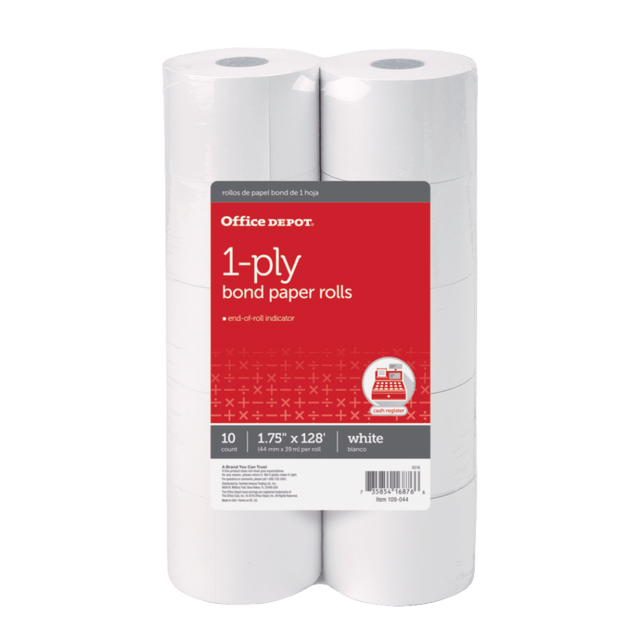 OFFICE DEPOT 109044 Brand 1-Ply Bond Paper Rolls, 1-3/4in x 128ft, White, Pack Of 10 OFFICE DEPOT 109044 Brand 1-Ply Bond Paper Rolls, 1-3/4in x 128ft, White, Pack Of 10