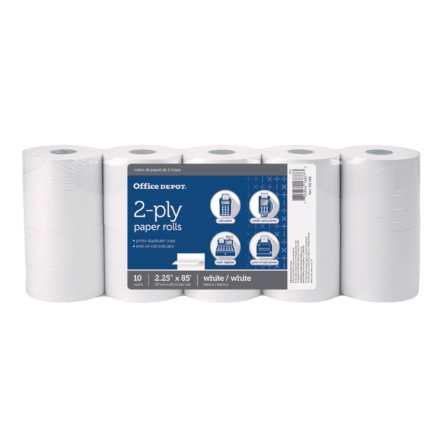 Ideal for most printing calculators and credit card terminals.  2-ply rolls provide duplicate copies instantly.  Bright white, lint-free rolls have a canary or white duplicate.  Available in a variety of widths to best suit your machine.  Pack of 10 paper rolls.