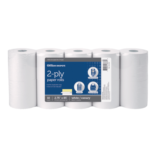 Ideal for most printing calculators and credit card terminals.  2-ply rolls provide duplicate copies instantly.  Bright white, lint-free rolls have a canary or white duplicate.  Available in a variety of widths to best suit your machine.  Pack of 10 paper rolls.