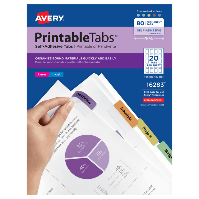 AVERY PRODUCTS CORPORATION 16283 Avery Printable Self-Adhesive Tabs, Multicolor, Pack Of 80 AVERY PRODUCTS CORPORATION 16283 Avery Printable Self-Adhesive Tabs, Multicolor, Pack Of 80