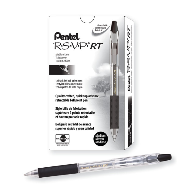 PENTEL OF AMERICA, LTD. Pentel BK93-A  R.S.V.P. RT Retractable Ballpoint Pens, Medium Point, 1.0 mm, 61% Recycled, Transparent Black Barrel, Black Ink, Pack Of 12 Pens