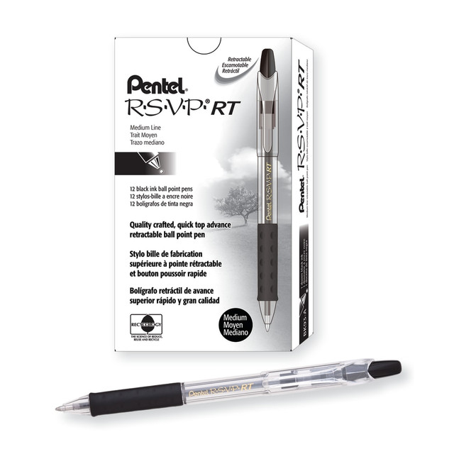 Comfortable grips make these Pentel pens the perfect choice for long days spent scribbling notes or filling out forms, while retractable tips help cut down on ink leaks for a mess-free writing experience. Simply click the cap on each of these R.S.V.P. pens to retract the stainless-steel tip.  Retractable tip protects pockets and purses. No more messy ink leaks! A convenient click of the cap retracts the stainless-steel tip, keeping your purse or briefcase ink-free.  Latex-free Comfort Zone grips make for comfortable use.  Refillable - designed to be used repeatedly, helping you avoid single-use disposables and potentially save money.  Contains Recycled Content - See Specs for Details.