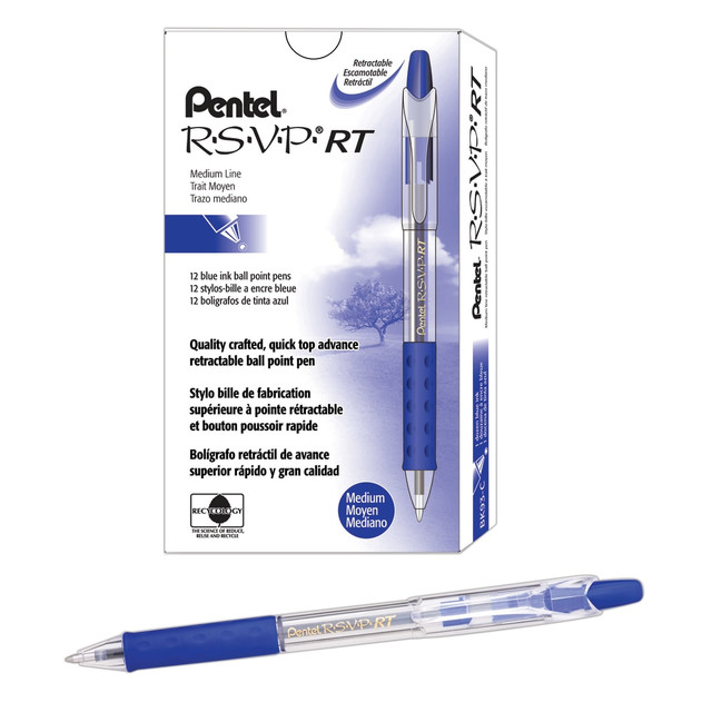Comfortable grips make these Pentel pens the perfect choice for long days spent scribbling notes or filling out forms, while retractable tips help cut down on ink leaks for a mess-free writing experience. Simply click the cap on each of these R.S.V.P. pens to retract the stainless-steel tip.  Retractable tip protects pockets and purses. No more messy ink leaks! A convenient click of the cap retracts the stainless-steel tip, keeping your purse or briefcase ink-free.  Latex-free Comfort Zone grips make for comfortable use.  Refillable - designed to be used repeatedly, helping you avoid single-use disposables and potentially save money.  Contains Recycled Content - See Specs for Details.