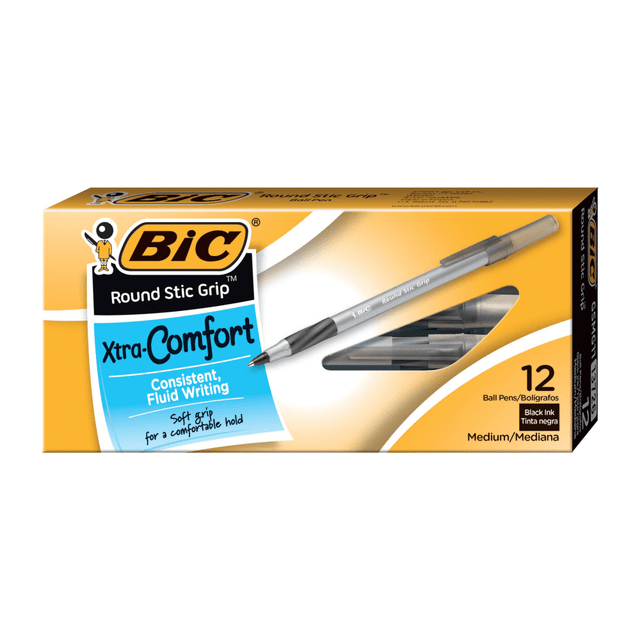 BIC CORP GSM11-BLK BIC Round Stic Grip Xtra Comfort Ballpoint Pens, Medium Point, 1.2 mm, Gray Barrel, Black Ink, Pack Of 12 Pens