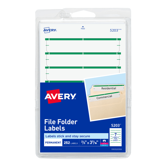 AVERY PRODUCTS CORPORATION Avery 5203  File Folder Labels On 4in x 6in Sheet With Easy Peel, 5203, Rectangle, 2/3in x 3-7/16in, White With Green Color Bar, Pack Of 252 Labels