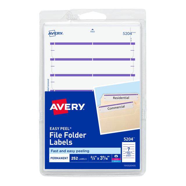 AVERY PRODUCTS CORPORATION Avery 5204  File Folder Labels On 4in x 6in Sheet With Easy Peel, 5204, Rectangle, 2/3in x 3-7/16in, White With Purple Color Bar, Pack Of 252 Labels