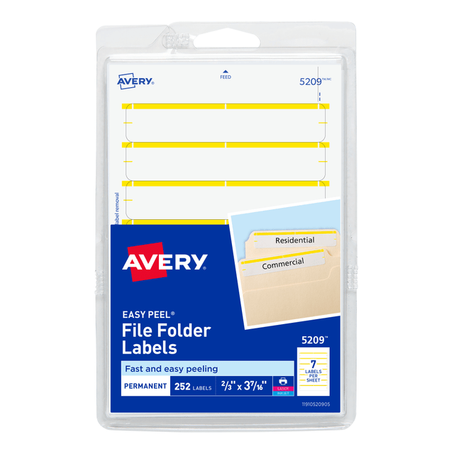 AVERY PRODUCTS CORPORATION Avery 5209  File Folder Labels On 4in x 6in Sheet With Easy Peel, 5209, Rectanlge, 2/3in x 3-7/16in, White With Yellow Color Bar, Pack Of 252 Labels