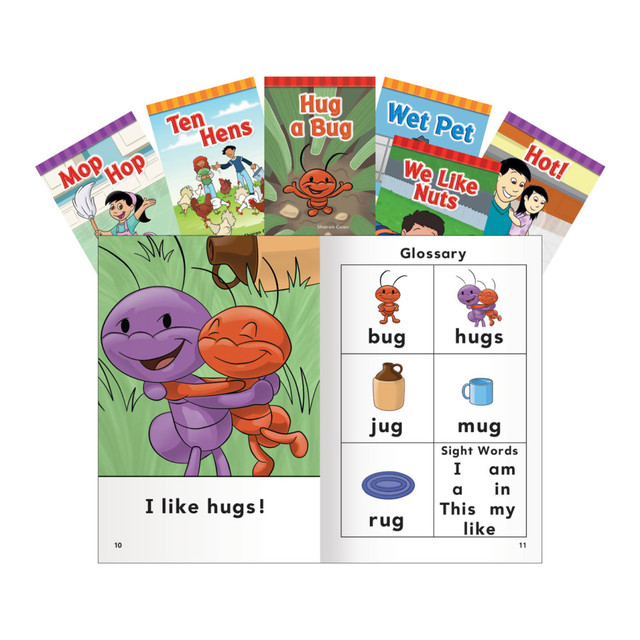 Written in an fun, story-like format, the books in this set engage and entertain young learners while teaching them basic reading skills that will be necessary in the years ahead. The brightly colored, playful illustrations help grab kids attention and keep them reading until the end.  Fun way to teach your students about short vowels.  Each 12-page book includes 1 common word family (rime) for each of the short vowels, a picture glossary and a list of sight words to help reinforce the lesson.  Designed for students in pre-k, kindergarten and grade 1.  6-book set includes titles like Ten Hens, Wet Pet, Mop Hop, Hot!, Hug a Bug and We Like Nuts.