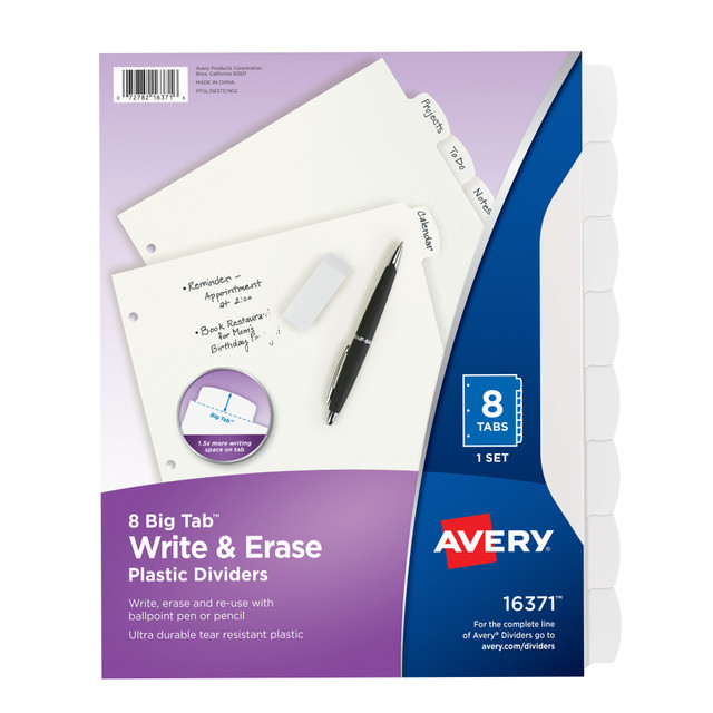 AVERY PRODUCTS CORPORATION 16371 Avery Durable Write-On Plastic Dividers With Erasable Tabs, 8 1/2in x 11in, White, 8 Tabs AVERY PRODUCTS CORPORATION 16371 Avery Durable Write-On Plastic Dividers With Erasable Tabs, 8 1/2in x 11in, White, 8 Tabs