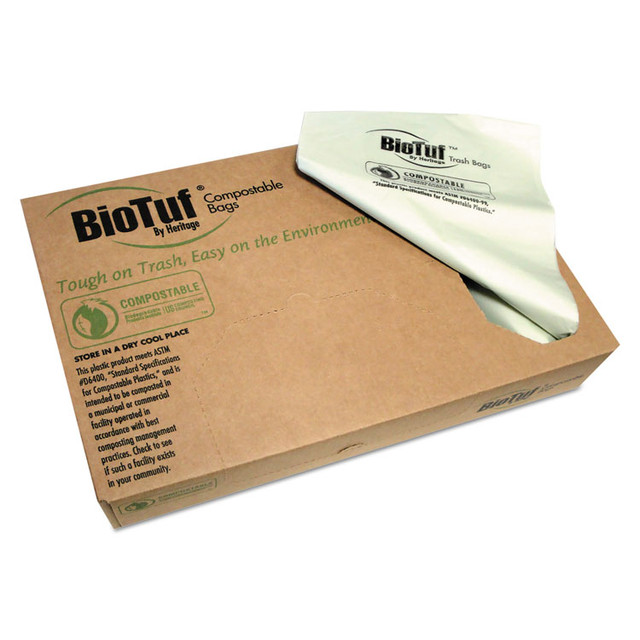 HERITAGE Y8046TER01 Biotuf Compostable Can Liners, 45 gal, 0.9 mil, 40" x 46", Green, 25 Bags/Roll, 5 Rolls/Carton