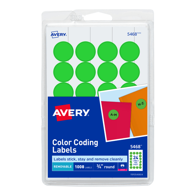 AVERY PRODUCTS CORPORATION 5468 Avery Removable Color-Coding Labels, 5468, Round, 3/4in Diameter, Neon Green, Pack Of 1,008