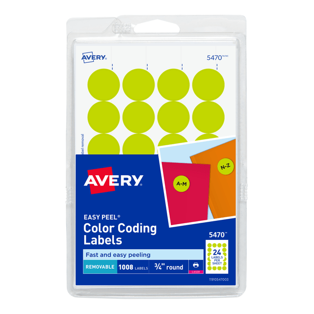 AVERY PRODUCTS CORPORATION 5470 Avery Removable Round Color-Coding Labels, 5470, 3/4in Diameter, Neon Yellow, Pack Of 1,008