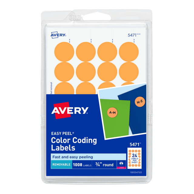 AVERY PRODUCTS CORPORATION 5471 Avery Removable Round Color-Coding Labels, 5471, 3/4in Diameter, Orange Neon, Pack Of 1,008