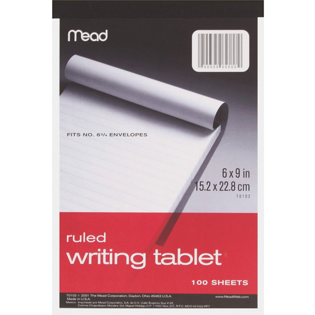 MEADWESTVACO CORP 70102 Mead Ruled Writing Tablet - 100 Sheets - Ruled - 20 lb Basis Weight - 6in x 9in - White Paper - 1 Each