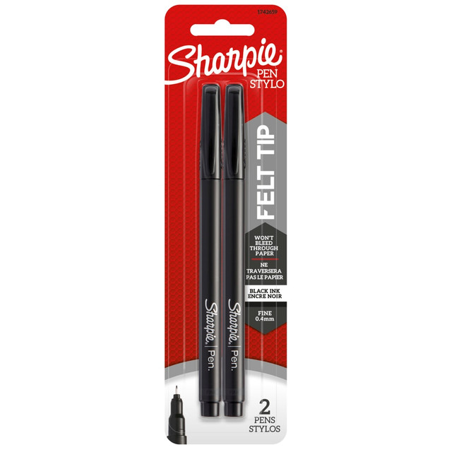 SANFORD LP 1742659 Sharpie Fine-Point Pens, Fine Point, 0.4 mm, Black Barrels, Black Ink, Pack Of 2