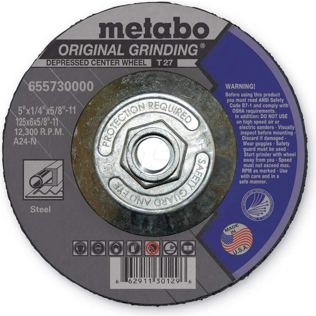 Metabo 655730000 Depressed Grinding Wheel:  Type 27,  5" Dia,  1/4" Thick,  Aluminum Oxide
