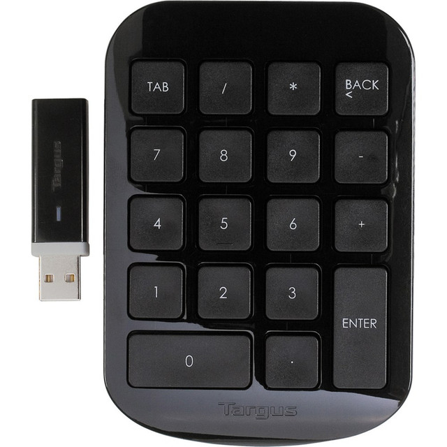 The wireless design of the black and gray numeric keypad by Targus eliminates cable clutter. This wireless numeric keypad makes it easy to enter numbers efficiently.  Supports cordless operation at a range of up to 33ft.  Numeric keypad lets you enter numbers quickly. Lets you quickly and easily do calculations and type numbers into spreadsheets and other applications. And its faster than using the numerals across the top of your keyboard.  Full-size 0.75in keys improve keying speed and accuracy.  Keypad tilts to provide added comfort. The ergonomic design helps reduce wrist strain.  Wireless USB receiver stores inside of the keypad when not in use, for added convenience.  Built-in battery indicator lets you know when the batteries are running low.