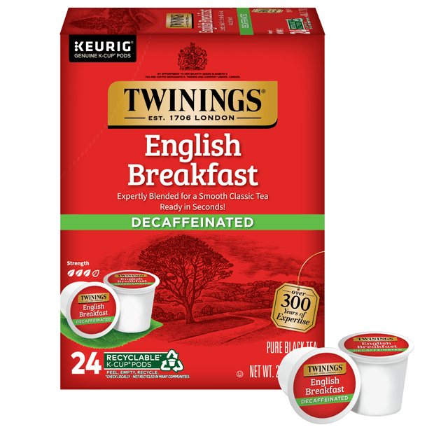 Black tea K-Cup delivers a smooth, full-bodied taste of this classic tea.  Contains 24 K-Cup pods per box.  High-quality tea with superior taste and aroma  Brew the perfect cup of tea in less than a minute  Using a Keurig Brewer, press the 6-oz. or 8 oz. brew button for optimal flavor  Each K-Cup is airtight and locks out oxygen, light, moisture and humidity while locking in freshness and flavor  Decaffeinated black tea K-Cup delivers a smooth full-bodied taste of this classic tea.  Certified Kosher.