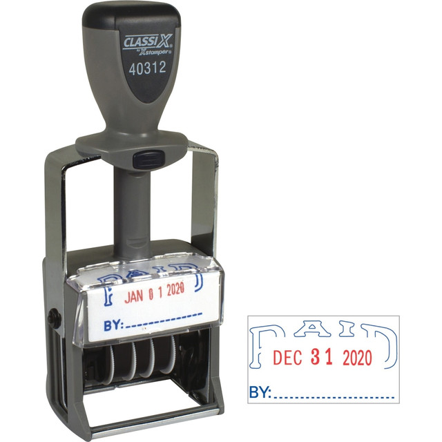 SHACHIHATA INC., (USA) Xstamper 40312  Heavy-duty PAID Self-Inking Dater - Message/Date Stamp - "PAID" - Blue, Red - Metal, Plastic Metal - 1 Each