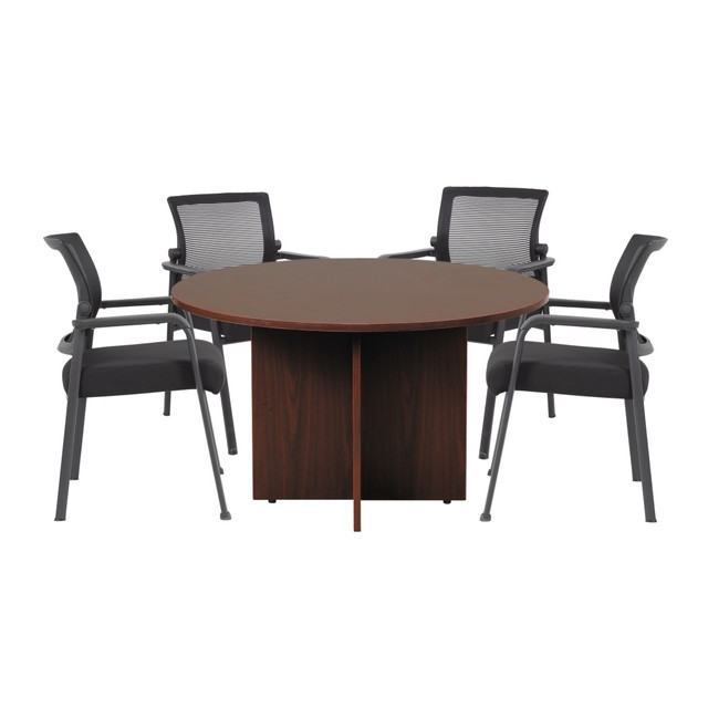 NORSTAR OFFICE PRODUCTS INC. GROUP127M-A Boss Office Products 42in Round Table And Mesh Guest Chairs Set, Mahogany/Black NORSTAR OFFICE PRODUCTS INC. GROUP127M-A Boss Office Products 42in Round Table And Mesh Guest Chairs Set, Mahogany/Black
