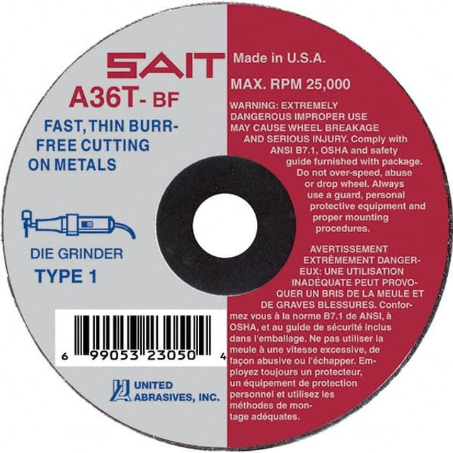 Sait 23040 Cut-Off Wheel: Type 01/41, 3" Dia, 1/16" Thick, 3/8" Hole, Aluminum Oxide