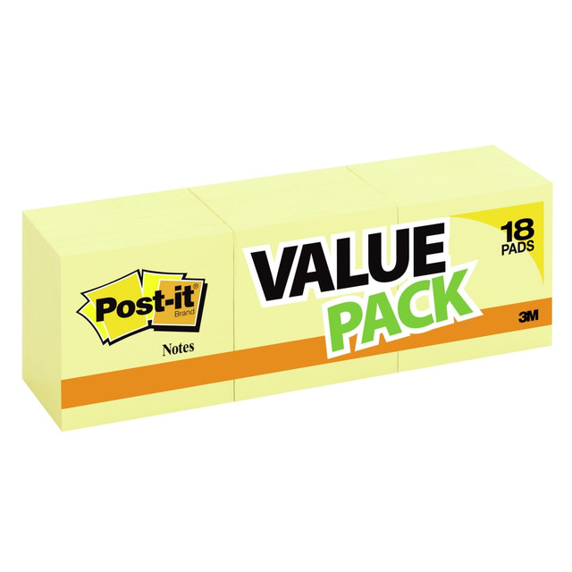 Post-it Notes stick securely and remove cleanly, featuring a unique adhesive designed for use on paper. 3 in. x 3 in. size is great to call out important information or leave notes in calendars or planners. Canary Yellow color helps your note break through. Post-it Notes are recyclable, and the paper in Post-it Notes is sourced from certified, renewable and responsibly managed forests.  Post-it Notes stick securely and remove cleanly  Unique adhesive designed for use on paper or in planners  Leave reminders or call out important information  The paper in Post-it Notes is sourced from certified, renewable and responsibly managed forests  GET ORGANIZED: Each pack includes 18 pads of 3 in. x 3 in. notes, with 100 sheets per pad, great for your office, work area, or classroom  STICKY NOTES: Post-it Notes are versatile, perfect for calendars, planning, quick reminders, daily planners, visual aids, labeling, marking dates, bookmarks, and more  IDEAL FOR: Post-it Notes are the perfect solution for reminders, time tracking, to-do lists, marking cables, color-coding documents, reminding kids to do chores, storyboarding and more  NO SURFACE DAMAGE: Post-it Notes stick securely and remove cleanly; no tape or tacks are needed, and the adhesive backing of these reusable sticky notes allows for easy repositioning  VARIOUS SIZES AND SHAPES: Available in different sizes, with or without lines, to cater to your specific needs  EYE-CATCHING COLORS: Vibrant and colorful reminders are more likely to grab attention and be noticed  ICONIC CANARY YELLOW: The color that started it all  EXPLORE OUR COLLECTIONS: With 11 color collections, the Post-it Brand offers a wide range of options to suit every style and preference, whether at home, in school, or at the office  ORIGINAL CREATOR: Made in the USA with globally sourced materials, the one and only Post-it Note was originally created by Post-it Brand  RECYCLABLE: All Post-it Notes are sourced from certified, renewable and responsibly managed forests; also, Post-it Notes are recyclable  AMERICAs #1 FAVORITE STICKY NOTE: You are more likely to achieve your goals when you write them down