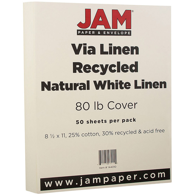 IMSI SOFTWARE PUBLISHING 144010 JAM Paper Card Stock, Strathmore Natural White Linen, Letter (8.5in x 11in), 80 Lb, 30% Recycled, Pack Of 50