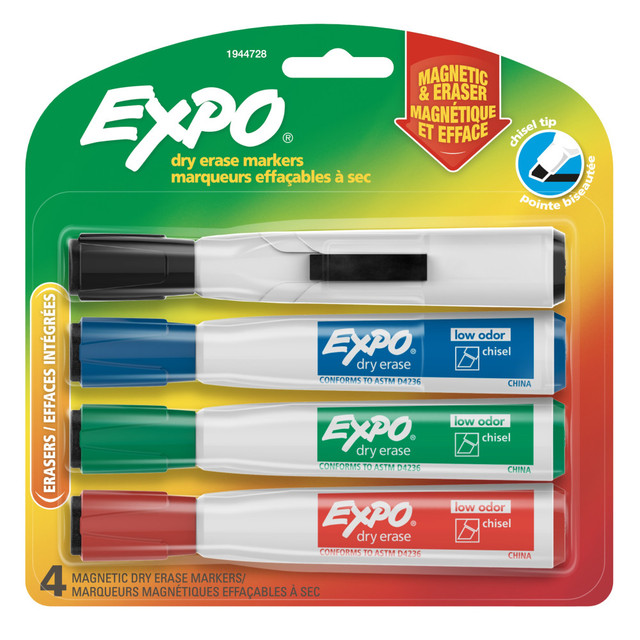 NEWELL BRANDS INC. 1944728 EXPO Magnetic Dry Erase Markers With Eraser, Chisel Tip, Assorted Ink Colors, Pack Of 4 NEWELL BRANDS INC. 1944728 EXPO Magnetic Dry Erase Markers With Eraser, Chisel Tip, Assorted Ink Colors, Pack Of 4