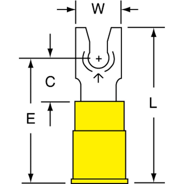 3M 7010397395 Standard Fork Terminal: Yellow, Nylon, Partially Insulated, #6 Stud, Crimp