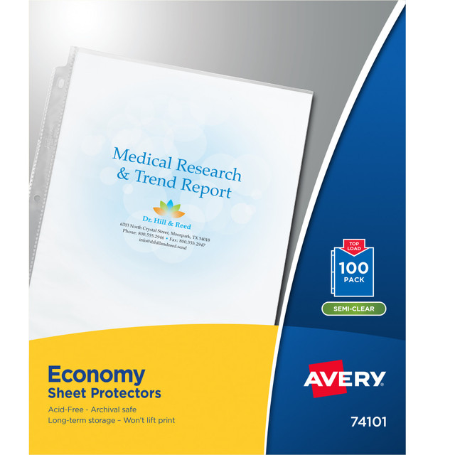 AVERY PRODUCTS CORPORATION 74101 Avery Economy Weight Sheet Protectors, 8 1/2in x 11in, Top Loading, Semi-Clear, Pack Of 100