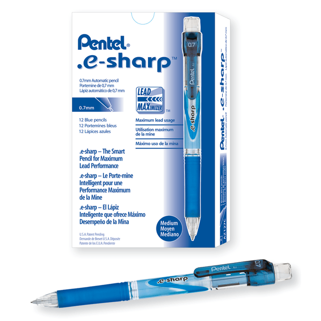 Outfit your office for prompt access to high-quality writing utensils with these Pentel .e-sharp mechanical pencils. The Lead Maximizer system offers increased efficiency, while the continuous lead-feed mechanism automatically advances lead for smooth operation. Compatibility with Super Hi-Polymer HB lead doesnT require sharpening, and the large refill eraser lets you promptly correct mistakes.  Durable cylindrical barrel for easy handling.  HB lead offers similar performance to a #2 pencil.  Lead Maximizer technology reduces refilling requirements.  These Pentel .e-sharp mechanical pencils use 0.7mm lead to produce medium lines, which is ideal for writing notes and sketching.  12-pack of pencils.  Constructed with 72 percent recycled plastic.  Refillable - designed to be used repeatedly, helping you avoid single-use disposables and potentially save money.  Contains Recycled Content - See Specs for Details.