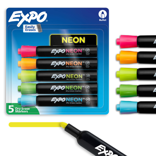 Make an impact with the bright, vivid, low-odor ink. Neon colors help you make your notes stand out during brainstorming sessions and lectures at the board.  Fun, vibrant neon colors for use on both black and white dry-erase surfaces.  Bright, vivid ink is specially formulated to be low odor.  Durable bullet tip creates broad, thick lines that are easy to see from a distance.  Made with fewer harsh chemicals.  Set of 5 markers includes 1 each of neon pink, orange, yellow, green and blue.  ACMI Certified AP Nontoxic. For detailed information see www.acmiart.org.  Less harsh chemicals - made with fewer harsh chemicals, or safer chemicals than typical alternatives, helping  reduce your use of and exposure to substances that may be more harmful to your health and the environment.
