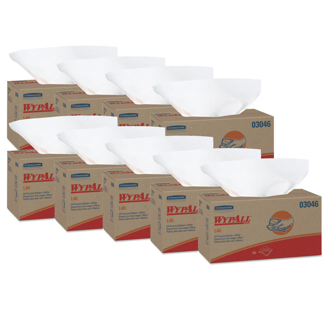 KIMBERLY-CLARK WypAll 3046 Kimberly-Clark WYPALL L40 Wipers, Unscented, 10 13/16in x 10in, White, 90 Wipers Per Box, Case Of 9 Boxes