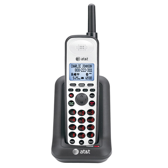 Four-line accessory handset is designed for use with AT&T Four-Line Corded/Cordless Small Business System with Extendable Range and displays four lines.  Design includes push-to-talk speakerphone and 50 name/number Caller ID history, 100 name/number phonebook directory, volume control, ringer volume control, low battery indicator, intercom, mute, redial, hold function and 10-name redial.  Energy efficient - designed to use less energy than alternative products, potentially helping you save money and reduce your carbon footprint.