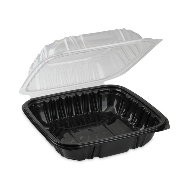 PACTIV EVERGREEN CORPORATION DC757100B000 EarthChoice Vented Dual Color Microwavable Hinged Lid Container, 28 oz, 7.5 x 7.5 x 3, Black/Clear, Plastic, 150/Carton