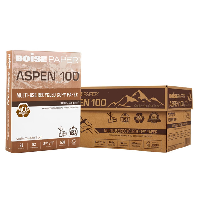 BOISE WHITE PAPER, L.L.C. 054922-CTN Boise ASPEN 100 Multi-Use Printer & Copy Paper, White, Letter (8.5in x 11in), 5000 Sheets Per Case, 20 Lb, 92 Brightness, 100% Recycled, FSC Certified, Case Of 10 Reams