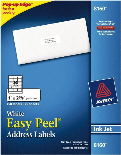 AVERY 08160 Label Maker Label: White, Paper, 2-5/8" OAL, 1" OAW, 750 per Roll