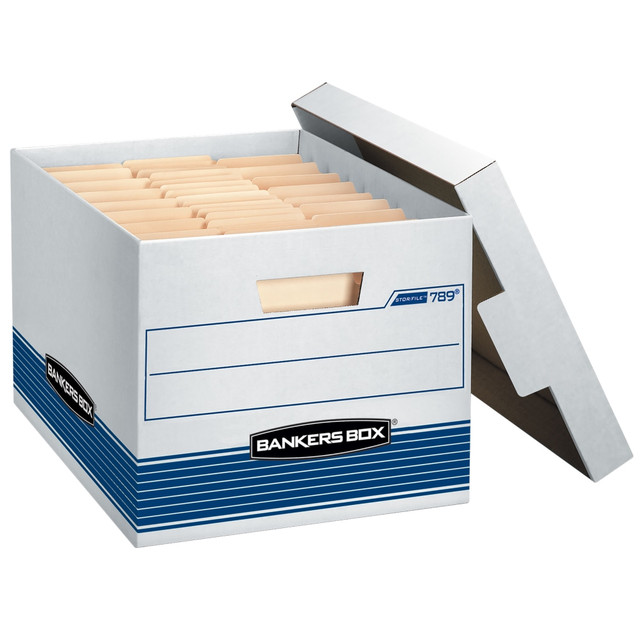 FELLOWES INC. 00789 Bankers Box Stor/File Medium-Duty Storage Boxes With Locking Lift-Off Lids And Built-In Handles, Letter/Legal Size, 15in x 12in x 10in, 60% Recycled, White/Blue, Case Of 12