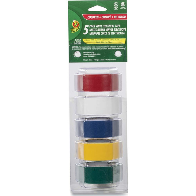 Duck DUC280303 Vinyl Electrical Tape: 3/4" Wide, 12' Long, 7 mil Thick, Red White Blue Yellow & Green